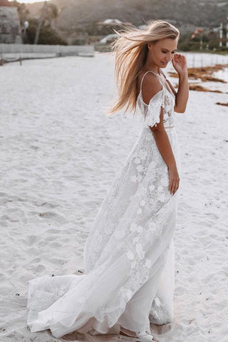 Vestidos de novia románticos de tirantes finos y encaje floral para bodas en la playa WD591