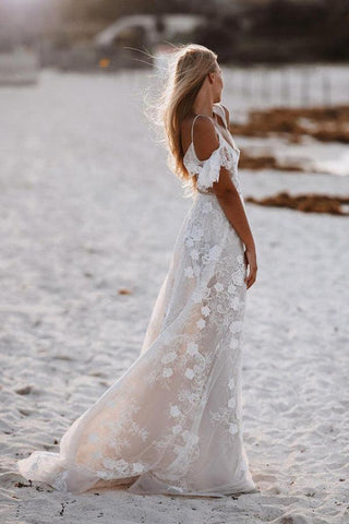 Vestidos de novia románticos de tirantes finos y encaje floral para bodas en la playa WD591