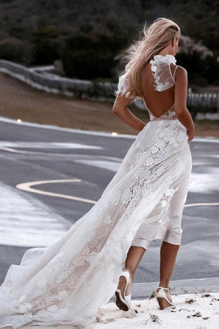 Vestidos de novia románticos de tirantes finos y encaje floral para bodas en la playa WD591