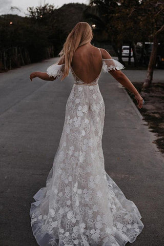 Vestidos de novia románticos de tirantes finos y encaje floral para bodas en la playa WD591