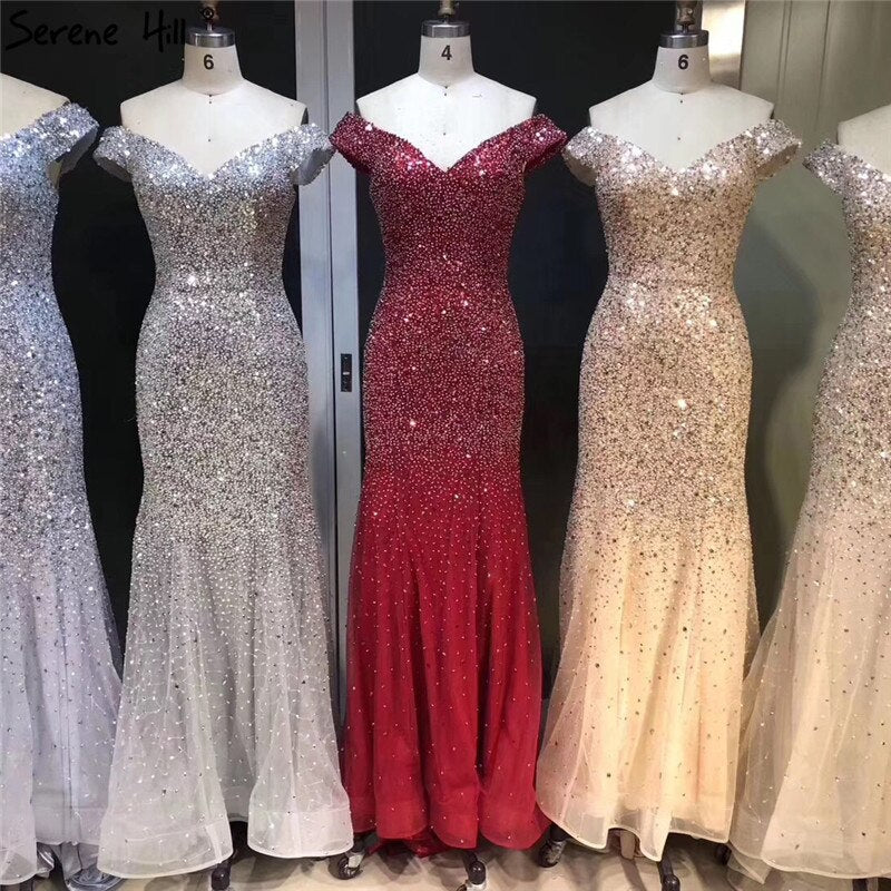 Rose Gold Dubai Luxury Off Shoulder Evening Dresses Sequined Sexy Sparkle Mermaid Formal Dress 2025 LA6232