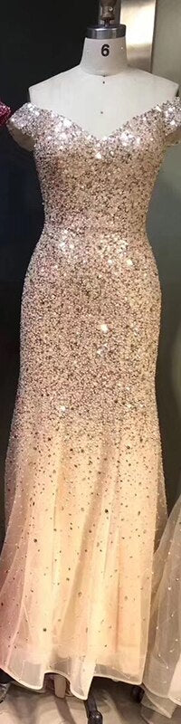 Rose Gold Dubai Luxury Off Shoulder Evening Dresses Sequined Sexy Sparkle Mermaid Formal Dress 2025 LA6232