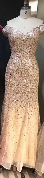 Rose Gold Dubai Luxury Off Shoulder Evening Dresses Sequined Sexy Sparkle Mermaid Formal Dress 2025 LA6232