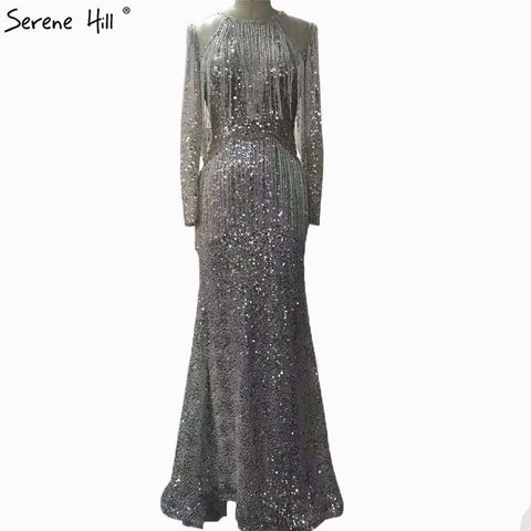 On Sale no return no refundSale Rose Gold Mermaid Long Sleeve Evening Dresses 2025 Sequined Beading Tassel Luxury Formal Dress LA70037