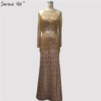 On Sale no return no refundSale Rose Gold Mermaid Long Sleeve Evening Dresses 2025 Sequined Beading Tassel Luxury Formal Dress LA70037