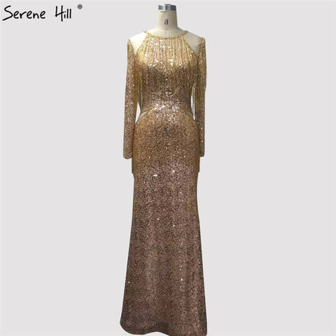 On Sale no return no refundSale Rose Gold Mermaid Long Sleeve Evening Dresses 2025 Sequined Beading Tassel Luxury Formal Dress LA70037
