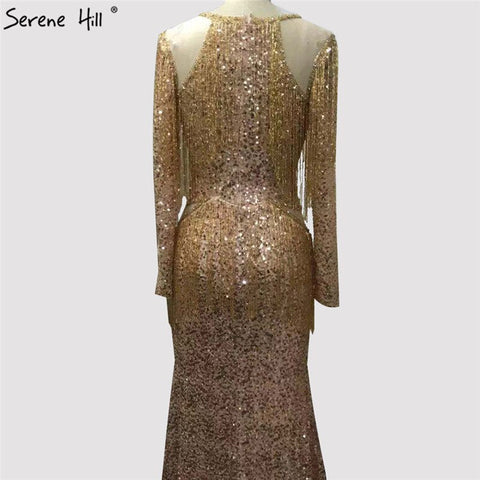 On Sale no return no refundSale Rose Gold Mermaid Long Sleeve Evening Dresses 2025 Sequined Beading Tassel Luxury Formal Dress LA70037