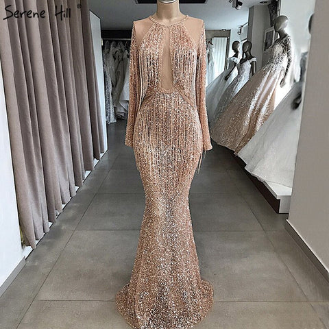 On Sale no return no refundSale Rose Gold Mermaid Long Sleeve Evening Dresses 2025 Sequined Beading Tassel Luxury Formal Dress LA70037