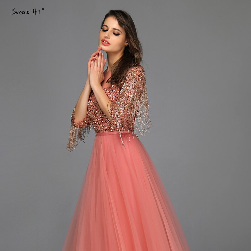 Rose Gold O-Neck Sequined Evening Dresses 2025 A-Line Latest Design Sexy Sparkle Formal Dress LA60976