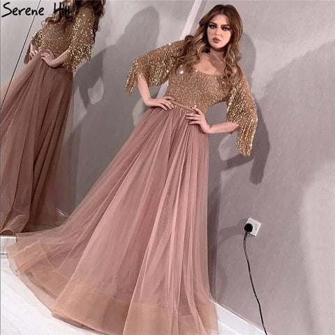 Rose Gold O-Neck Sequined Evening Dresses 2025 A-Line Latest Design Sexy Sparkle Formal Dress LA60976