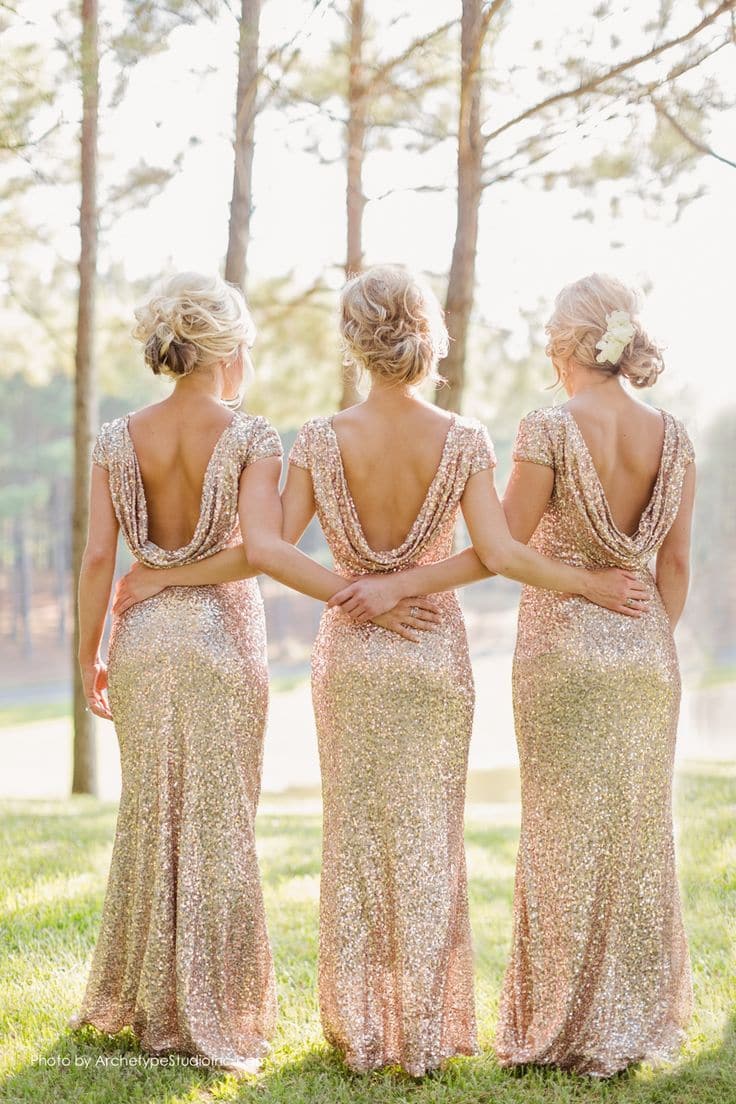 Vestido de dama de honor con lentejuelas en oro rosa y espalda descubierta VMB50