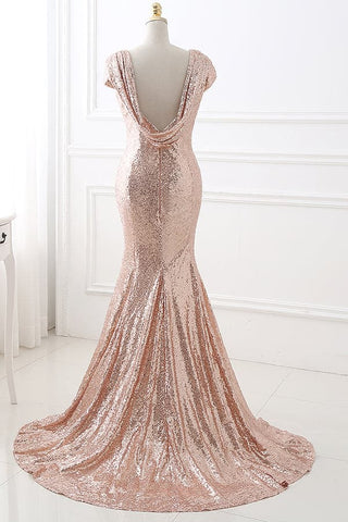 Vestido de dama de honor con lentejuelas en oro rosa y espalda descubierta VMB50