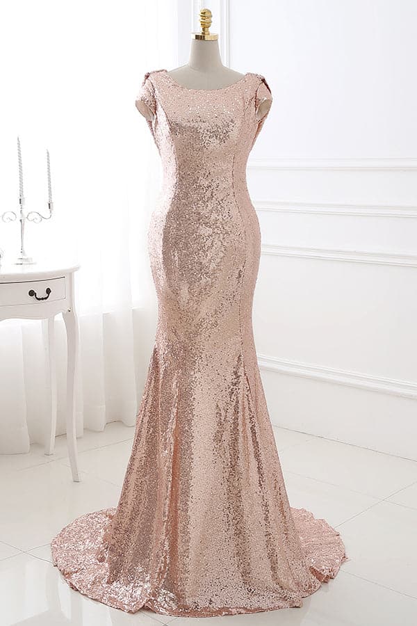 Vestido de dama de honor con lentejuelas en oro rosa y espalda descubierta VMB50