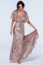 Robe de demoiselle d'honneur à paillettes or rose avec manches VMB43