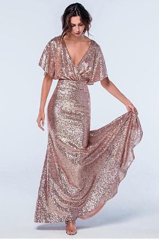 Vestido de dama de honor con lentejuelas en oro rosa y mangas VMB43
