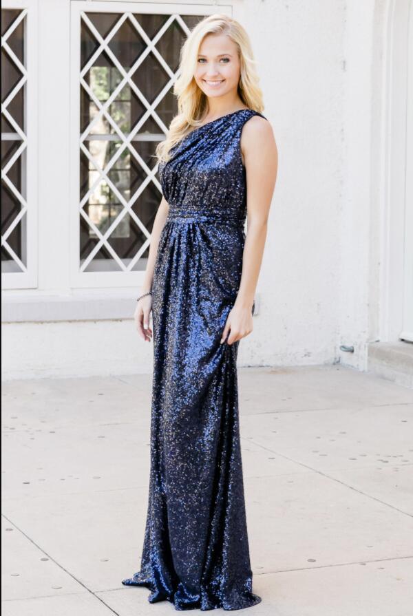 Rose Gold Sparkly Bridesmaid Dresses Sequins Lace One Shoulder  BD096