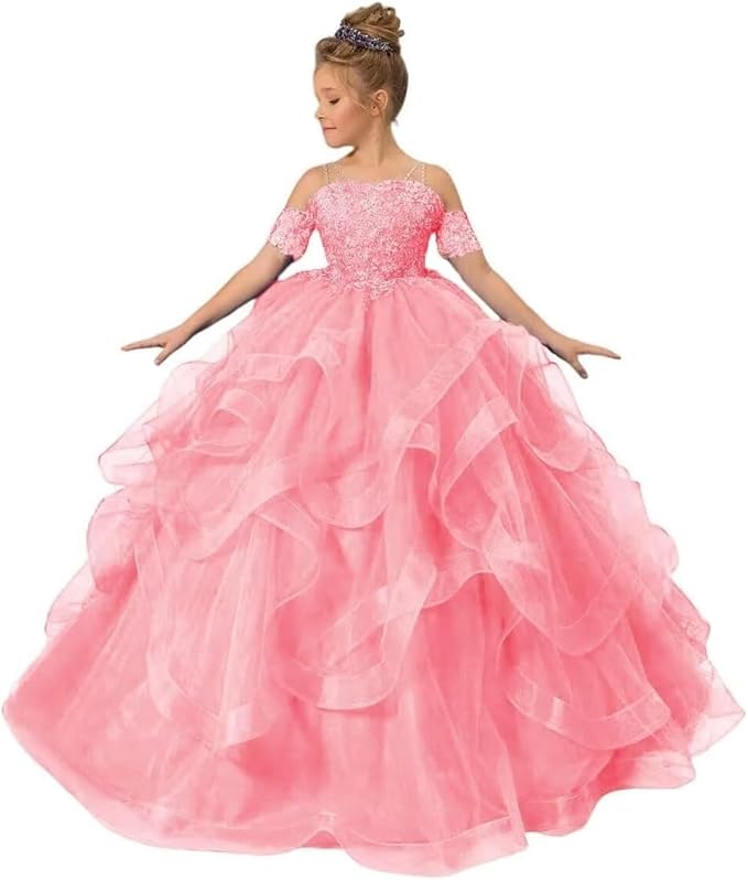 Vestido de niña de las flores con hombros descubiertos para boda, vestido de princesa con cuentas para concurso de belleza 