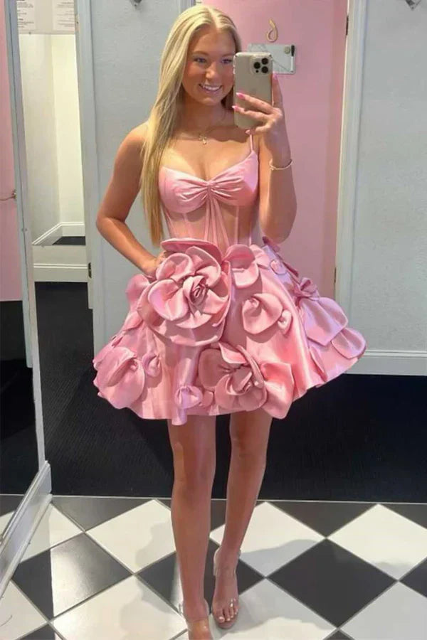 Robe de bal courte rose à bretelles rosettes et corset PD515