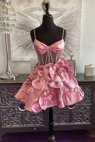 Vestido corto de fiesta rosa con corsé y tirantes de roseta PD515