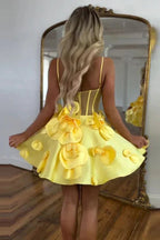 Robe de bal courte rose à bretelles rosettes et corset PD515