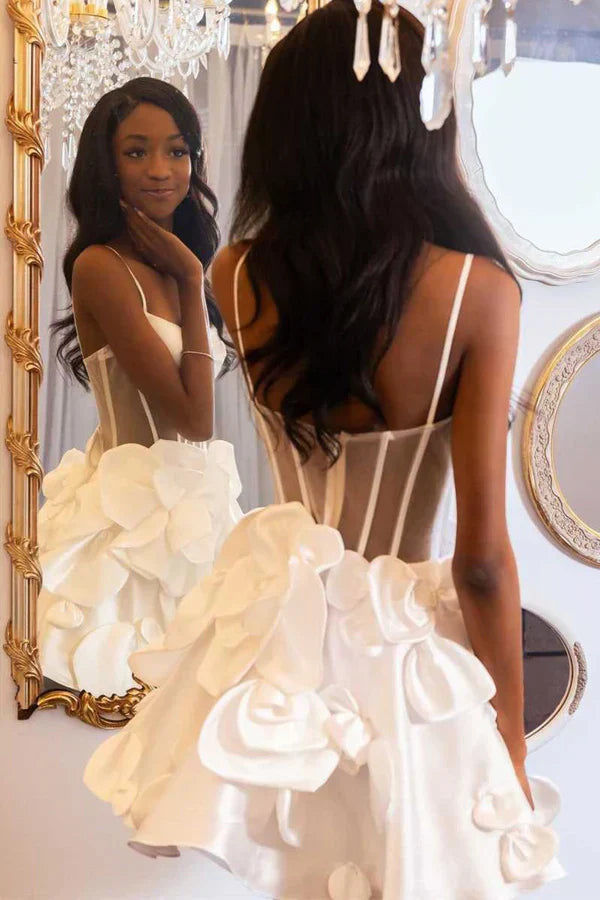 Robe de bal courte rose à bretelles rosettes et corset PD515