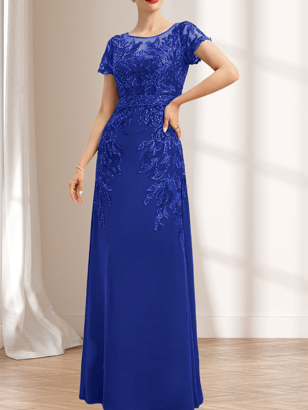 Vestido de novia de corte recto/columna, escote redondo, ilusión, largo hasta el suelo, de encaje y gasa con lentejuelas.