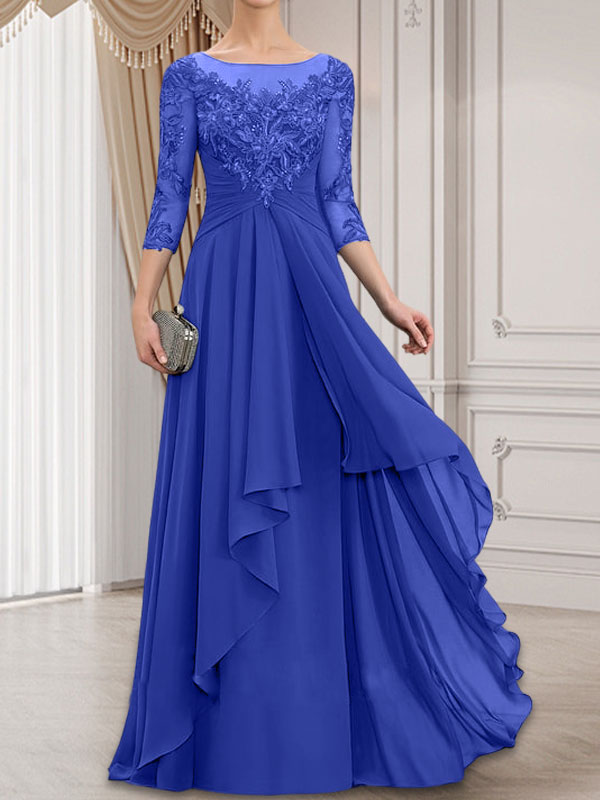 Robe de mariée en mousseline de dentelle, coupe trapèze, décolleté illusion, longueur au sol, avec volants cascade, idéale pour la mère de la mariée.