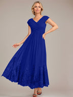 Vestido de gasa de corte evasé, escote en V, largo hasta el tobillo, para la madre de la novia, con apliques de lentejuelas. 