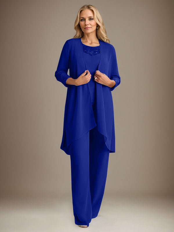Tailleur-pantalon en mousseline à manches longues et col rond pour la mère de la mariée, avec veste 