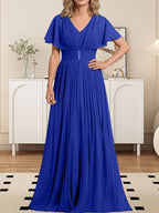 Vestido de gasa de corte A, escote en V, largo hasta el suelo, para la madre de la novia, con broche de cristal y pliegues. 