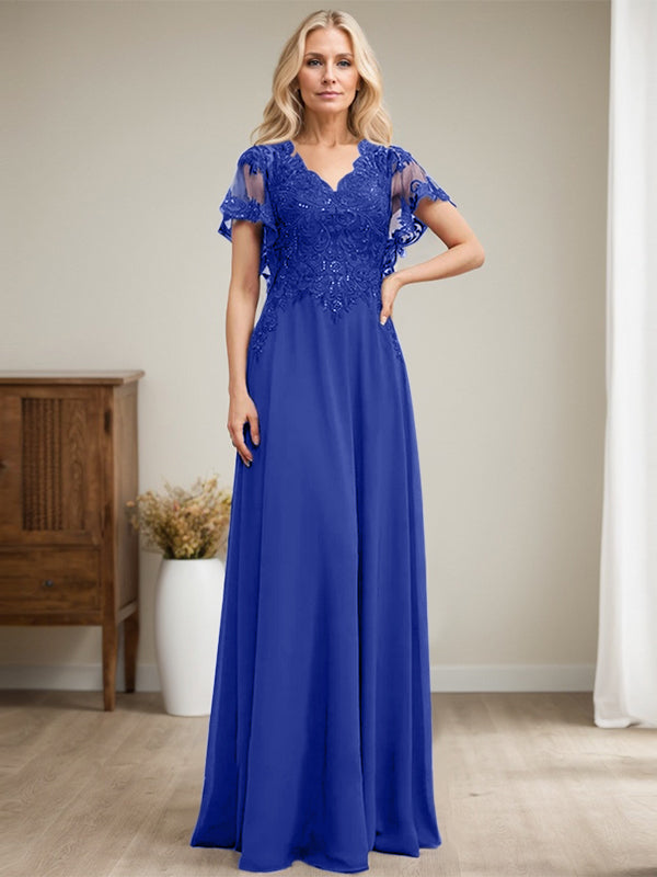 Vestido de novia de corte A, escote en V, largo hasta el suelo, de gasa de encaje con lentejuelas para la madre de la novia 