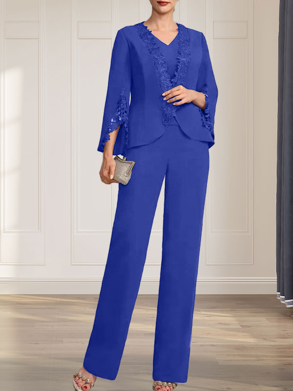 Combinaison/Tailleur-pantalon deux pièces, robe longue en mousseline à col V pour la mère de la mariée
