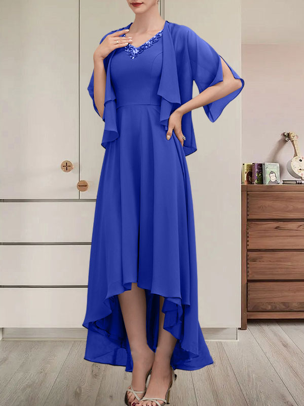 Vestido de corte A, escote en V, asimétrico, de gasa, para la madre de la novia, con lentejuelas y pedrería.