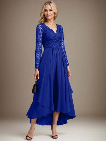 A-line V-Neck Asymmetrical Lace Chiffon Mother of the Bride Dress