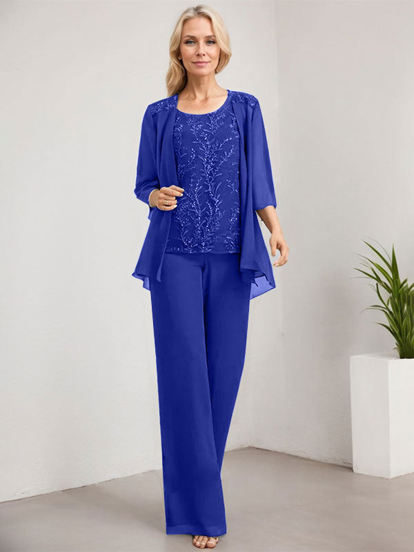 Vestido de novia de gasa con encaje y lentejuelas, estilo mono/pantalón, largo hasta el suelo, con escote redondo.