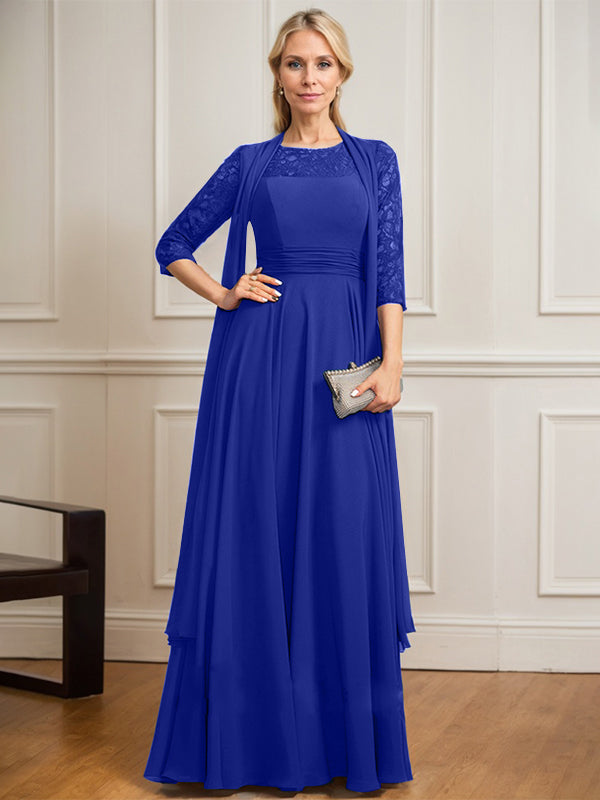 Vestido de novia de corte A, escote redondo ilusión, largo hasta el suelo, de gasa de encaje con pliegues. 