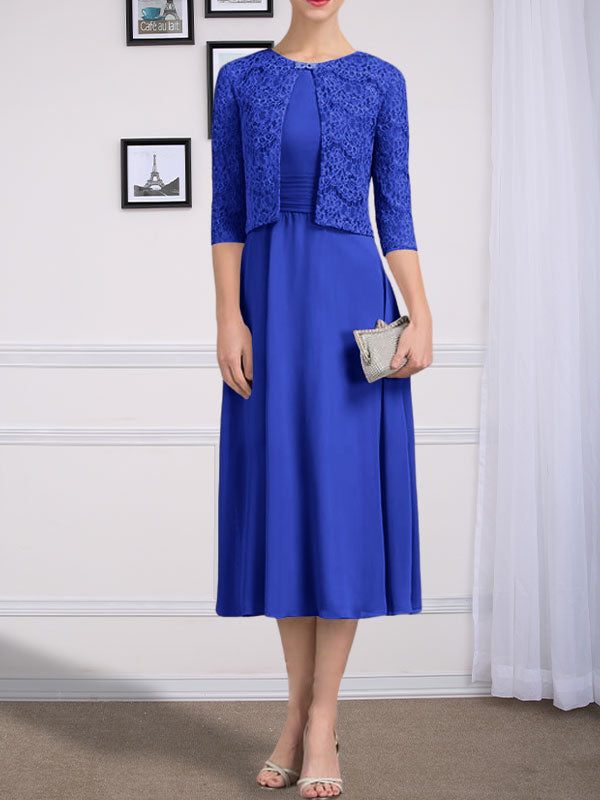 Vestido de chifón de corte línea A, largo té, para la madre de la novia, con escote redondo y pliegues.