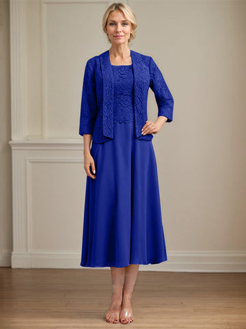 A-line Scoop Tea-Length Lace Chiffon Mother of the Bride Dress