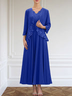 Vestido de corte A, escote en V, largo hasta el tobillo, de gasa, para la madre de la novia, con apliques de lentejuelas, encaje y pedrería.
