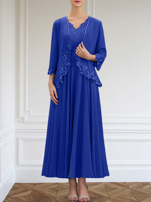 Vestido de corte A, escote en V, largo hasta el tobillo, de gasa, para la madre de la novia, con apliques de lentejuelas, encaje y pedrería.