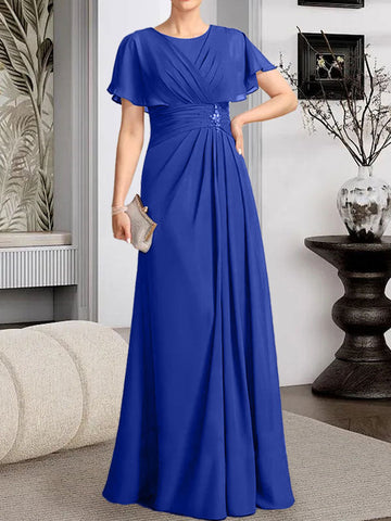 A-line Scoop Floor-Length Chiffon Mother of the Bride Dress With Pleated Beading