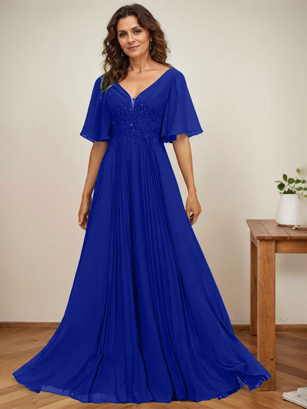 Vestido de corte A, escote en V, largo hasta el suelo, de gasa, para la madre de la novia, con apliques de lentejuelas y encaje plisado. 