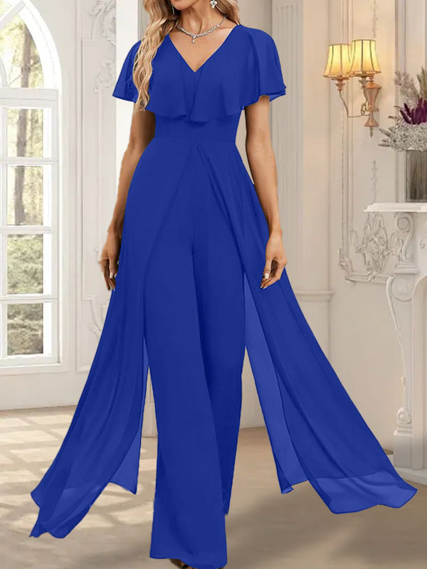 Combinaison-pantalon robe de soirée longue en mousseline à col en V