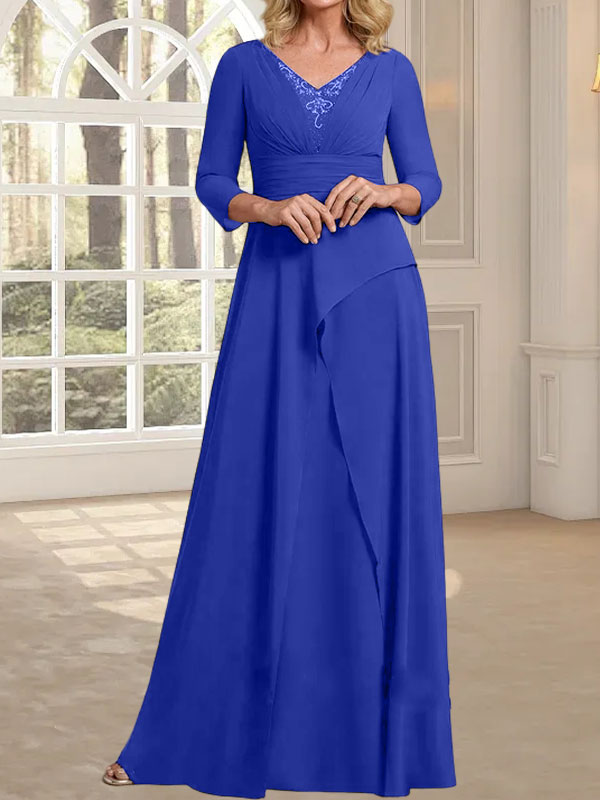 Vestido de gasa de corte A, escote en V, largo hasta el suelo, para la madre de la novia, con plisados ​​y cuentas.