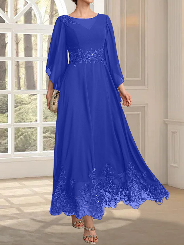 Robe de mère de la mariée en mousseline de dentelle, coupe trapèze, décolleté illusion, longueur cheville, ornée de sequins 