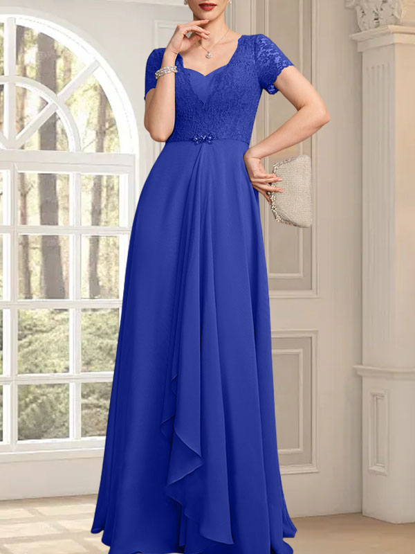 Vestido de corte A, escote corazón, largo hasta el suelo, de gasa, encaje, con cuentas y volantes en cascada para la madre de la novia.