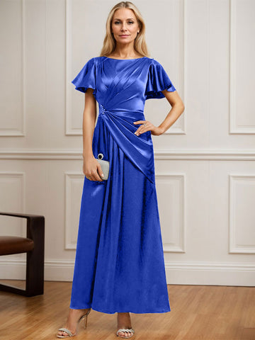 A-line Scoop Ankle-Length Stretch Satin Mother of the Bride Dress With Pleated Beading