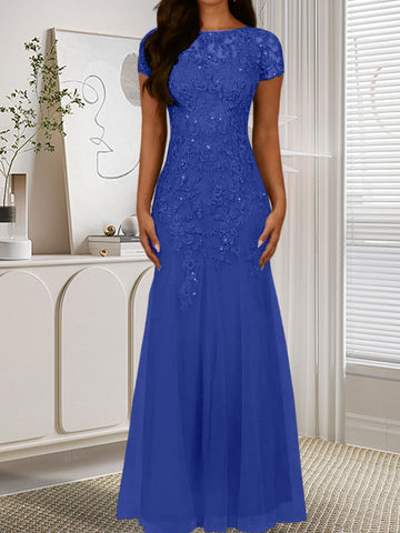 Dark Navy Mermaid Scoop Sequins Tulle Dress