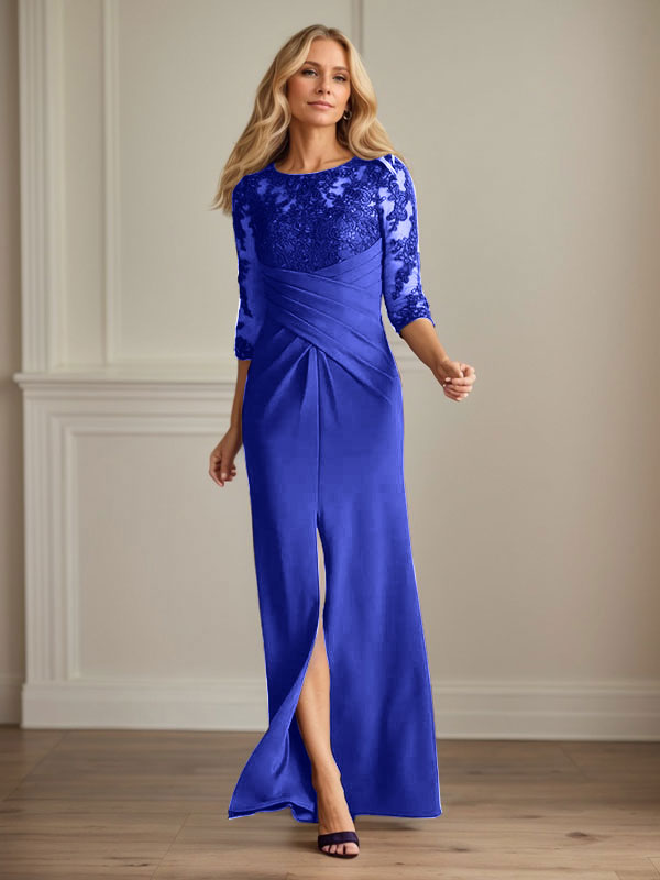 Vestido de madrina de la novia color ciruela, de encaje elástico y corte sirena. 