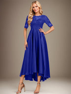 Robe de mère de la mariée asymétrique en satin stretch dentelle et dentelle, coupe trapèze, effet illusion, ornée de sequins 